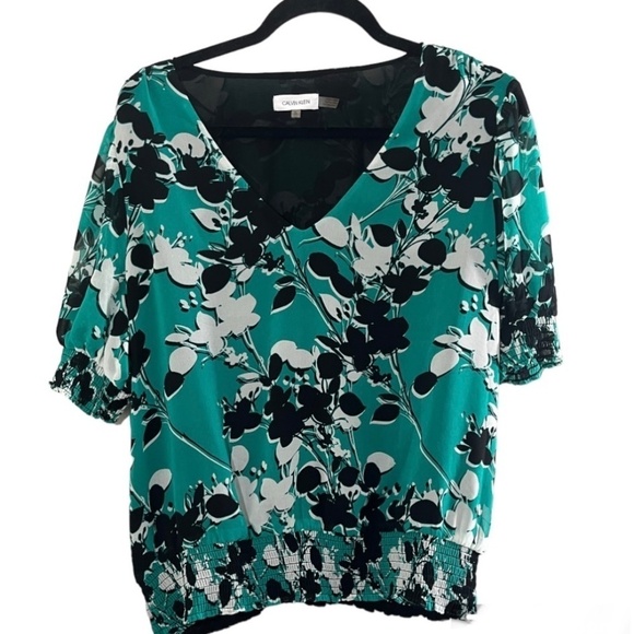 Calvin Klein Top XL Green Floral Boho Western Feminine Mature Puff Sleeve Smock - Picture 1 of 11